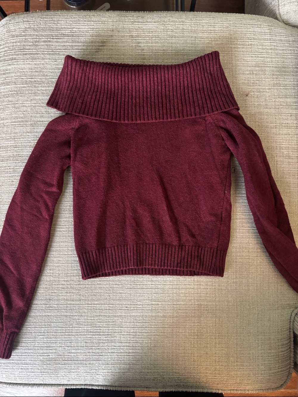 Off-Shoulder Foldover Ribbed Sweater in Burgundy